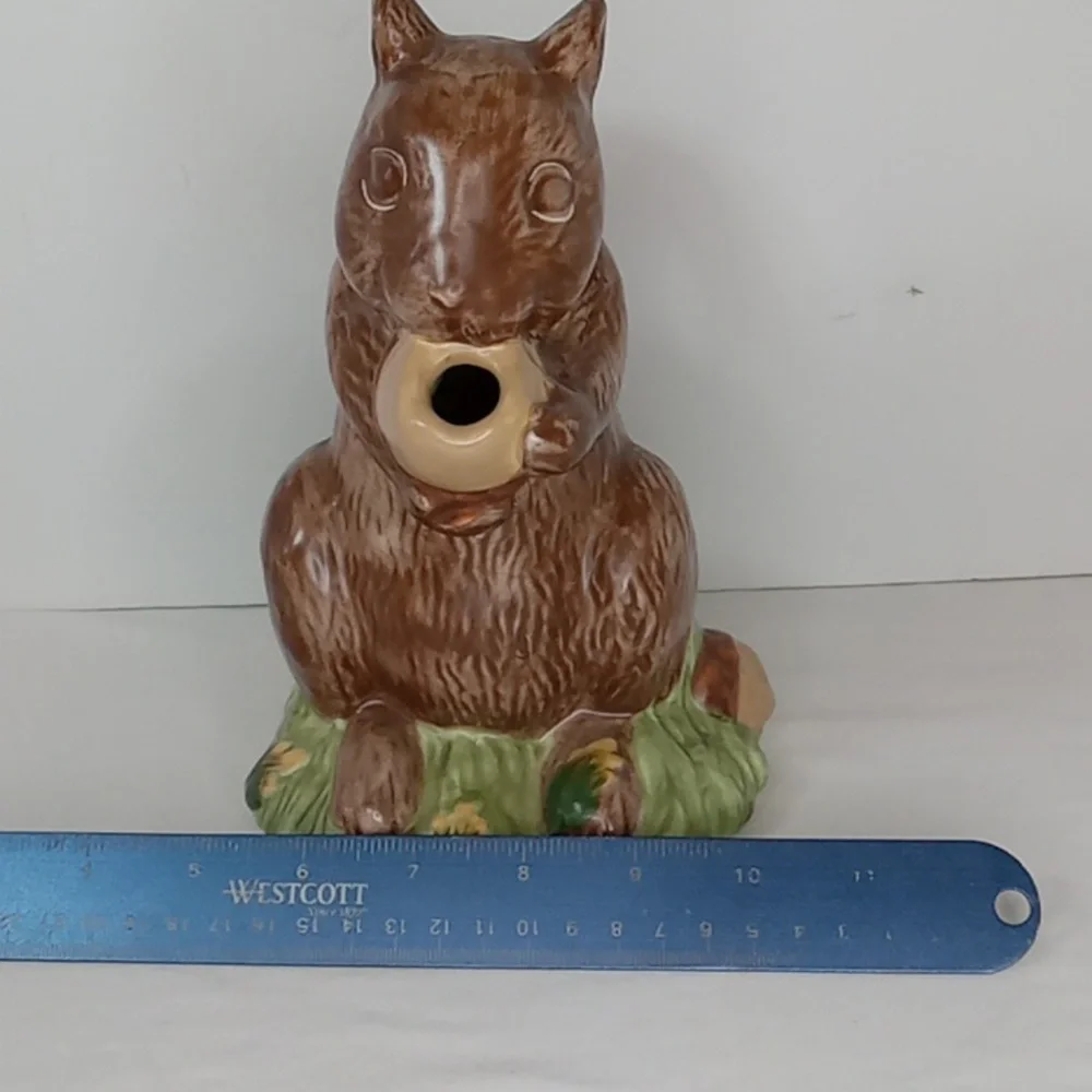 Vintage Stoneware Whimsical Hand Painted Squirrel Vase Pitcher